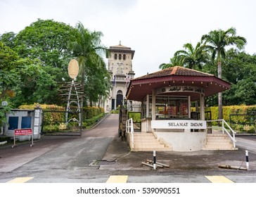 JOHOR BAHRU, JOHOR, MALAYSIA - An old landmark called Bangunan Sultan Ibrahim located further through the entrance, situated at Bukit Timbalan in Johor Bahru, the southern city of Malaysia.