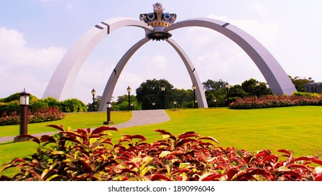 Johor Malaysia, July 28th 2018 -  Another Point Of View Of The Crown Symbol In The Malaysian King Palace Garden Looks Magnificent