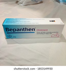 Johor, Malaysia Nov 2020: Bepanthen Ointment For Protection And Healing Of Nappy Rash. Selective Focus. Image May Contain Noise Or Grain Due To Low Light. 