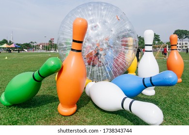 Johor,Malaysia - February 12,2020 : Outdoor Game Types For Family Day Event. Giant Soccer, Giant Snooker And Inflatable Game 