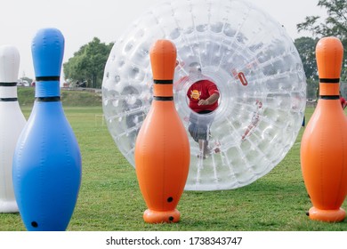 Johor,Malaysia - February 12,2020 : Outdoor Game Types For Family Day Event. Giant Soccer, Giant Snooker And Inflatable Game 