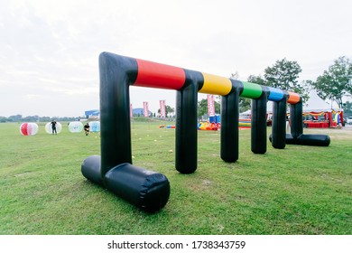 Johor,Malaysia - February 12,2020 : Outdoor Game Types For Family Day Event. Giant Soccer, Giant Snooker And Inflatable Game 