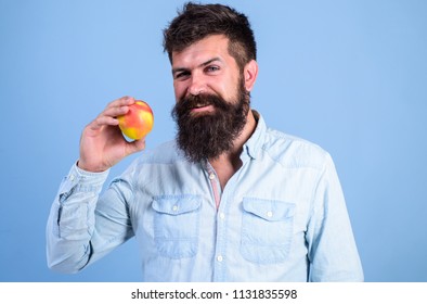 Join Healthy Lifestyle. Man With Beard Hipster Hold Apple Fruit Hand. Nutrition Facts And Health Benefits. Healthy Nutrition Tips. Simple Way To Plan Enjoy And Stick To Healthy Diet. Fruit Dieting.