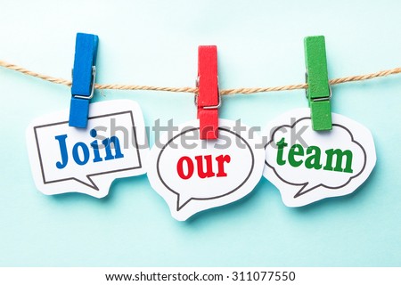 Join our team concept paper speech bubbles with line on the light blue background.