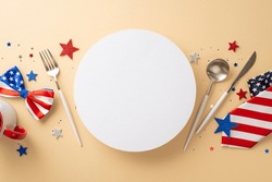 Join Patriotic Party! Top View Of Table Arrangement For Independence Day Featuring Silverware, Cup Of Drink, Stars, Confetti, Festive Tie, Bow-tie On Beige Backdrop With Circular Space For Text Or Ad