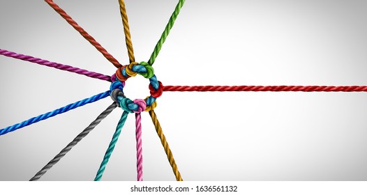 Join a team concept and unity or teamwork as a business metaphor for partnership as diverse ropes connected together as a symbol for cooperation and working collaboration.