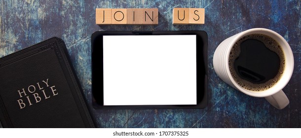 Join Us in Block Letters on a Wooden Table with a Bible and Tablet - Shutterstock ID 1707375325