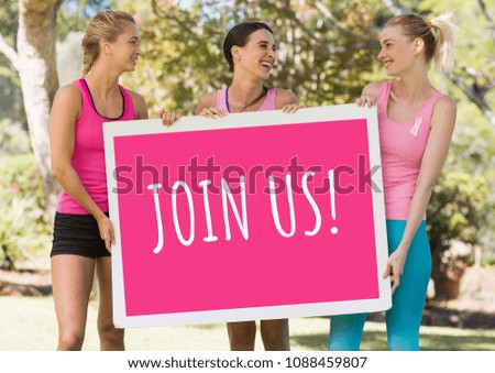 Join us text and pink breast cancer awareness women holding card