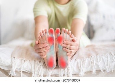 Joint diseases, hallux valgus, plantar fasciitis, heel spur, woman's leg hurts, pain in the foot, massage of female feet at home, health problems concept