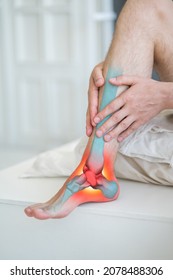 Joint Inflammation, Foot Pain, Man Suffering From Feet Ache At Home, Podiatry Concept, Painful Area Highlighted In Red