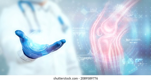 Joint pain  the doctor looks at the hologram the knee joint  X  ray image  trauma  rheumatologist consultation  skeletal image  medical concept  medical technologies the future