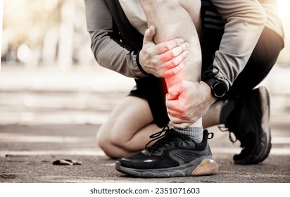 Joint pain, legs and running, fitness and red overlay, injury with person outdoor, sneakers and stress fracture. Inflammation, fibromyalgia and health, runner and muscle tension, glow and exercise