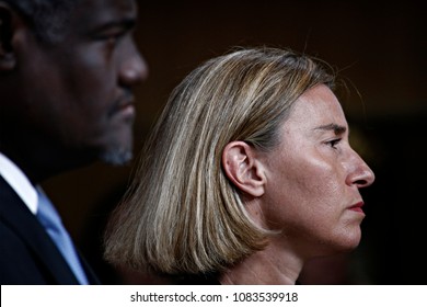 Joint Press Point EU Commissioner Federica Mogherini And Moussa Faki Mahamat, Chairperson Of The African Union Commission In Brussels, Belgium On May 15, 2017