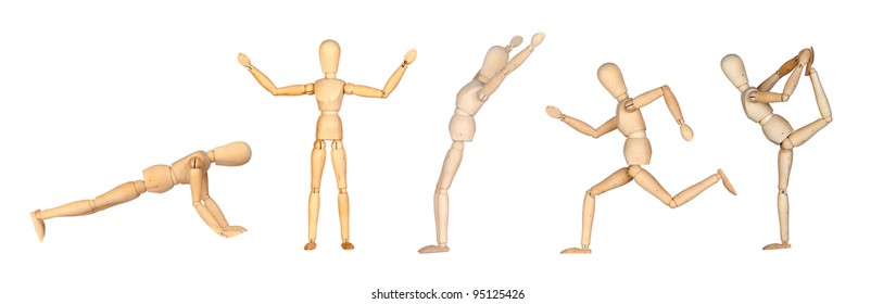 Jointed wooden mannequin doing different positions isolated on white background - Powered by Shutterstock - Get 15% off with code: PIKWIZARD15