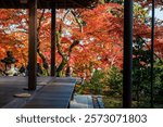 Jojakkoji temple terrace seat to see beautiful fall foliage garden, Arashiyama, Kyoto, Japan. Famous travel destination in western of Kyoto in autumn season.