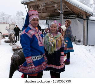 JOKKMOKK, SWEDEN ON FEBRUARY 08. View of traditional classics Sami dresses on February 08, 2019 in Jokkmokk, Sweden. 