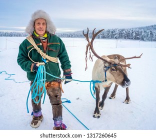 JOKKMOKK / Sweden-February 09, 2019: Sami Reindeer Herder On The Market