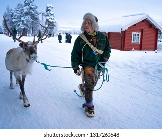 JOKKMOKK / Sweden-February 09, 2019: Sami Reindeer Herder On The Market