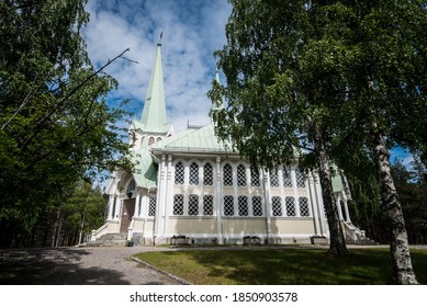 Jokkmookk / Sweden: August 9 2019: Beautiful Swedish Church With Blue Skies In Historic Sami Capital 