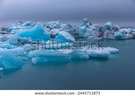 Jokulsarlon glacial lagoon in Iceland, with luminous blue icebergs from retreating glacier drifting towars the Atlantic Ocean and seals swimming around.