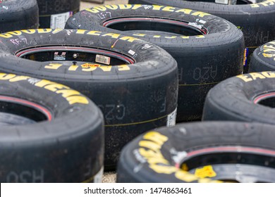 Joliet, IL, United States - June 29, 2019: Racing Tires Lined Up Before A NASCAR Camping World 300 Race At Chicagoland Speedway. 