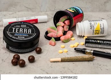 Joliet, IL / USA - May 14, 2019:Medical marijuana products, including edibles, pills, vape pen or e-cigarette and pre-rolled joint from an Illinois cannabis dispensary.