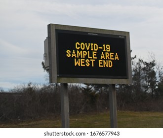 Jones Beach, NY/USA March 18, 2020: Corona Virus Testing Site Sign On Meadowbrook Parkway, Leading To West End Beach