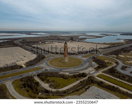 The Jones beach water tower, also known as the pencil on Long Island, New York taken with a drone