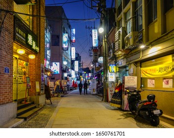 Jongno-gu, Seoul, Korea - November 4, 2019: Night View Of Restaurants And Shops Besides A Narrow Alley At Zahamun-ro