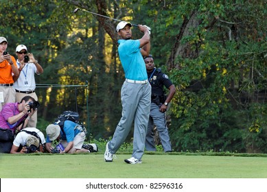 JONHS CREEK, GEORGIA, USA - AUGUST 10: Tiger Woods takes a shot during practice rounds at the 2011 PGA Championship tournament on August 10, 2011 in Johns Creek, Georgia, USA.