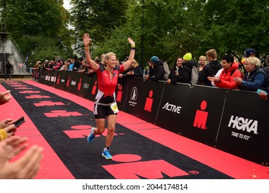 JonkopingSweden -18-09-2021:  At The Finish Line IRONMAN 70.3 Jonkoping European TriClub Championship I Triathlon.The Competition Is A Triathlon That Includes Swimming, Cycling And Runni