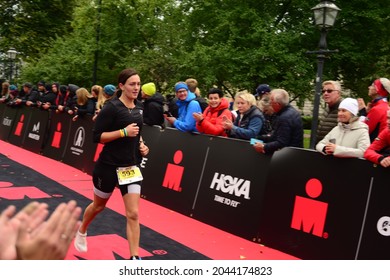 JonkopingSweden -18-09-2021:  At The Finish Line IRONMAN 70.3 Jonkoping European TriClub Championship I Triathlon.The Competition Is A Triathlon That Includes Swimming, Cycling And Runni