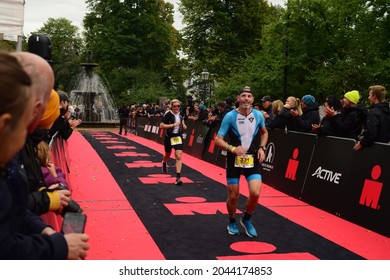 JonkopingSweden -18-09-2021:  At The Finish Line IRONMAN 70.3 Jonkoping European TriClub Championship I Triathlon.The Competition Is A Triathlon That Includes Swimming, Cycling And Running