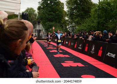 JonkopingSweden -18-09-2021:  At The Finish Line IRONMAN 70.3 Jonkoping European TriClub Championship I Triathlon.The Competition Is A Triathlon That Includes Swimming, Cycling And Running