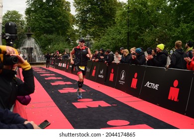 JonkopingSweden -18-09-2021:  At The Finish Line IRONMAN 70.3 Jonkoping European TriClub Championship I Triathlon.The Competition Is A Triathlon That Includes Swimming, Cycling And Runni