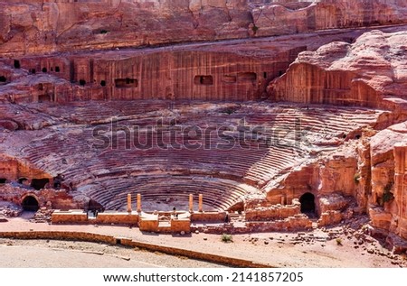 Jordan, ancient amphitheater in the city of Petra, daytime landscape