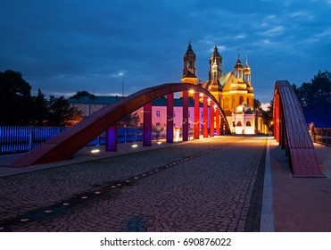 Jordan bridge and cathedral in Poznan by night, Poland