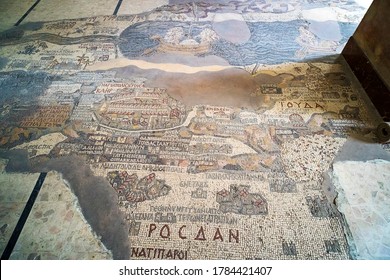 Jordan. Madaba, Biblical Medeba - St. George's Church. Fragment Of The Oldest Floor Mosaic Map Of The Holy Land - The Jordan River And The Dead Sea.