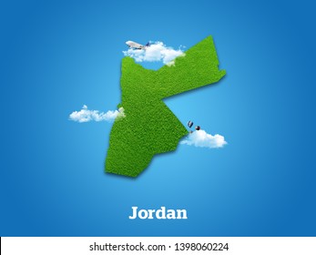 Jordan Map. Green Grass, Sky And Cloudy Concept.