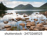 Jordan Pond Acadia National Park Mount Desert Maine Landscape The Bubbles pond reflection with boulders daytime USA