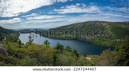 Jordan Pond panorama from atop North Bubble trail in Acadia National Park Maine 