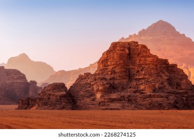 Jordan, Wadi Rum red dune sand and beautiful rocks landscape