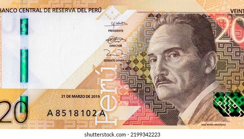 Jose María Arguedas Altamirano; Portrait from Peru 20 soles 2022 Banknotes. - Shutterstock ID 2199342223