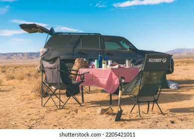 Joshua Tree, CA, USA. September 2022. Camping And Overlanding With Off Roading Vehicle And Camping Equipments