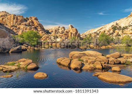 Joshua Tree National Park, California.  The wonderland of rocks and reservoir above the Barker Dam