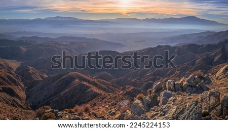 Joshua Tree National Park Landscape Series, Keys View summit at sunset, a high viewpoint with mesas, Coachella Valley, Palm Springs, and Mt San Jacinto, Southern California, USA