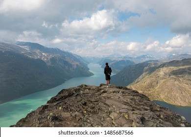 Jotunheimen National Park, Person standing on top of Besseggen looking over the Gjende Fjord - Shutterstock ID 1485687566