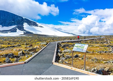 Jotunheimen Norway 30. July 2015 Hiker people on hiking trail to Galdhøpiggen snow-covered mountain in summer in Jotunheimen Norway. The highest mountain in Norway and Scandinavia.