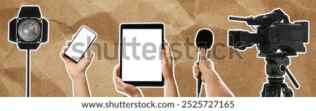 Journalism themed collage with microphone, professional video camera, spotlight and gadgets on old crumpled paper, banner design