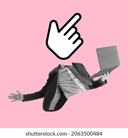 Journalist, blogger. Man with computer hand sign instead head on pink background. Contemporary art collage. Inspiration, idea, trendy urban magazine style. Social networks, digitalization